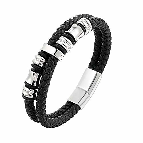 

men's leather bracelet with stainless steel,handmade braided leather bracelet for men women leather wrist band cuff bracelet jewelry magnetic clasp 8 inches