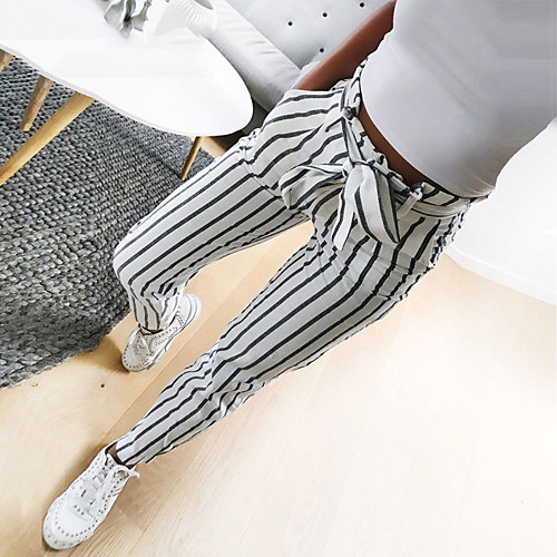 

Women's Streetwear Chino Comfort Casual Weekend Chinos Pants Stripe Ankle-Length Pocket Elastic Waist White