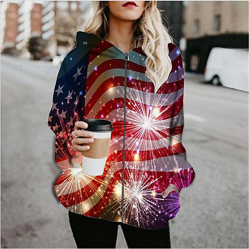 

Women's Hoodied Jacket Daily Spring & Fall Regular Coat Regular Fit Active Streetwear Jacket Long Sleeve Color Block Print Red / Holiday