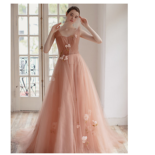 

Ball Gown Plunging Neck Court Train Tulle Bridesmaid Dress with Appliques