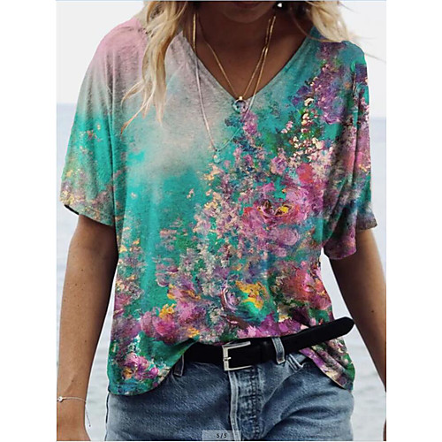 

Women's T shirt Floral Print V Neck Tops Boho Basic Top Blue