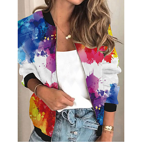 

Women's Jacket Going out Spring & Fall Regular Coat Stand Collar Loose 3D Print Active Jacket Long Sleeve Color Block Patchwork Rainbow / Work