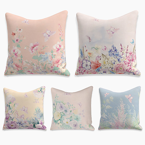 

5 pcs Faux Linen Pillow Cover, Floral&Plants Square Zipper Polyester Traditional Classic