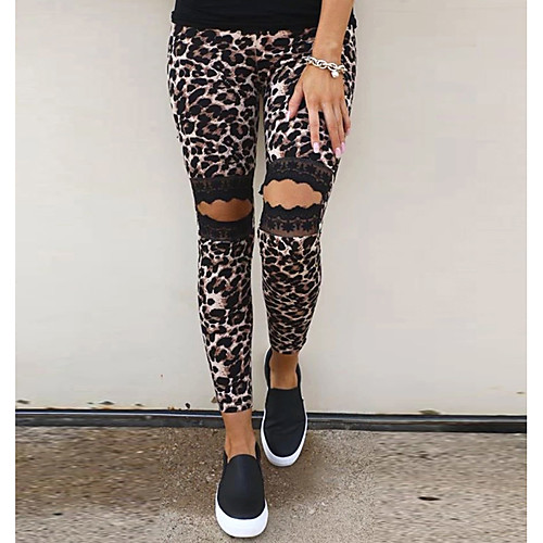 

Women's Stylish Streetwear Comfort Daily Going out Skinny Pants Geometric Leopard Ankle-Length Elastic Waist Hole Brown