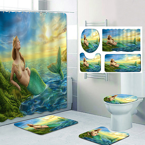 

Bathroom Shower Curtain & Mat Set Classic Polyester Waterproof