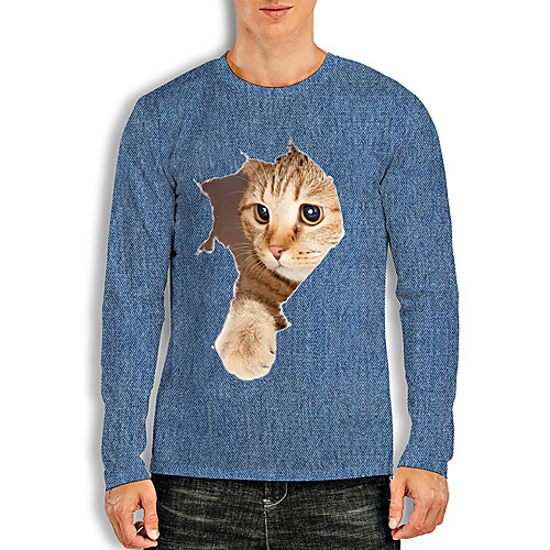 

Men's Tees T shirt 3D Print Cat Graphic Prints Animal Print Long Sleeve Daily Tops Basic Casual Blue
