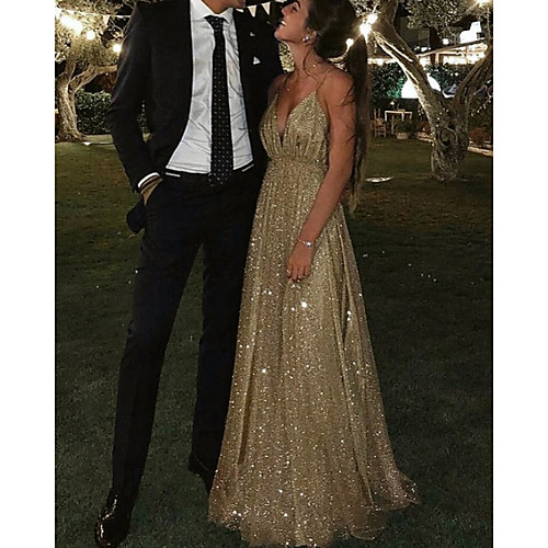 

A-Line Glittering Sexy Wedding Guest Formal Evening Dress V Neck Sleeveless Floor Length Sequined with Sequin 2021
