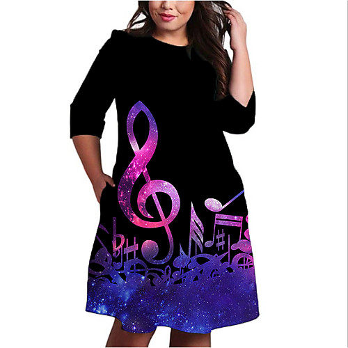 

Women's Plus Size Dress Shift Dress Knee Length Dress 3/4 Length Sleeve Print Color Block Print Casual Fall Spring Summer Black XL XXL 3XL 4XL 5XL
