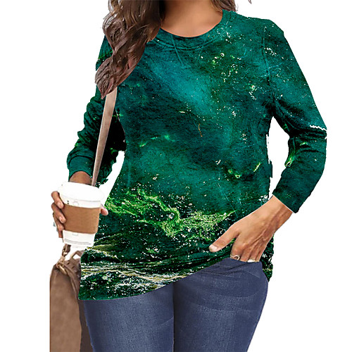

Women's Plus Size Tops T shirt Graphic Scenery Print Long Sleeve Round Neck Streetwear Green Big Size XL XXL 3XL 4XL 5XL