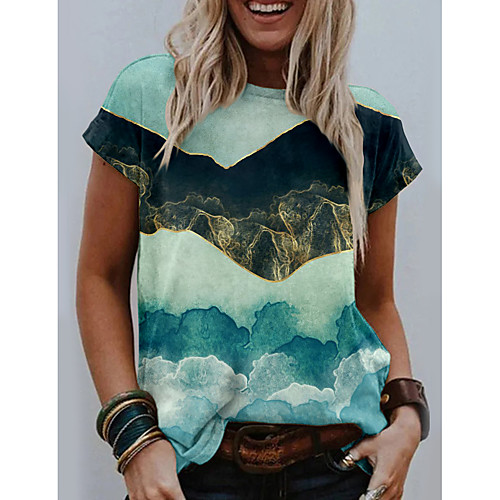 

Women's Going out Painting T shirt Graphic Scenery 3D Print Round Neck Basic Tops Yellow Green Light Green