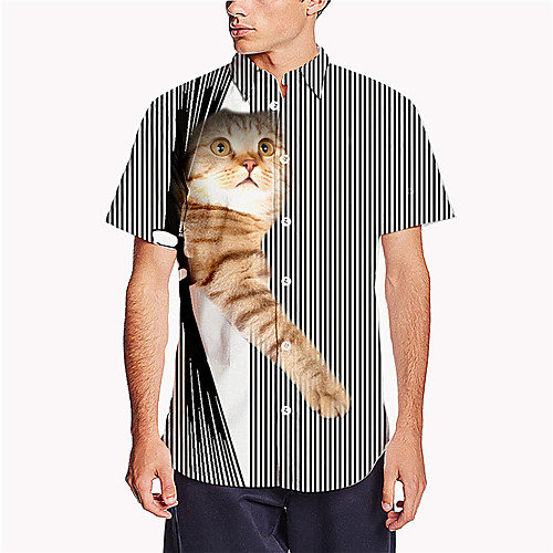 

Men's Shirt 3D Print Striped Cat Animal Button-Down 3D Print Short Sleeve Daily Tops Casual Fashion Breathable Black