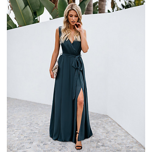 

A-Line V Neck Floor Length Chiffon Bridesmaid Dress with Bow(s) / Pleats / Split