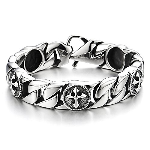 

Mens Stainless Steel Curb Chain Link Bracelet with Vintage Cross Charms