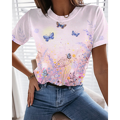 

Women's Going out Butterfly Dandelion Painting T shirt Floral Graphic Butterfly Print Round Neck Basic Tops White
