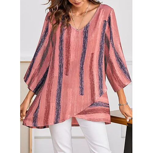 

Women's Blouse Shirt Striped Graphic Long Sleeve V Neck Tops White Red Green