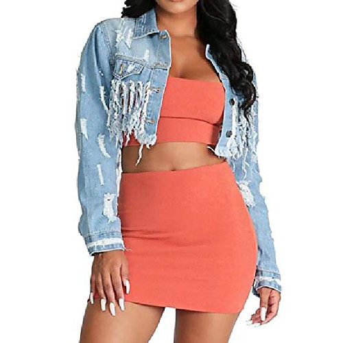 

showno women's tassels classic ripped cropped backless denim jacket coat light blue s