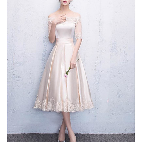 

A-Line Off Shoulder Tea Length Lace / Satin Bridesmaid Dress with Pleats / Bandage