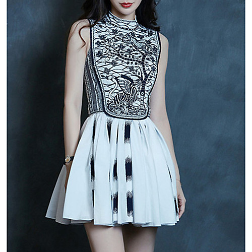 

A-Line Celebrity Style Floral Homecoming Cocktail Party Dress High Neck Sleeveless Short / Mini Cotton with Pleats Embroidery 2021