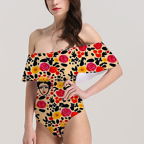 

Women's One Piece Monokini Swimsuit Tummy Control Ruffle Print Floral Color Block Yellow Swimwear Bodysuit Off Shoulder Bathing Suits New Party Vacation / Sexy / Padless