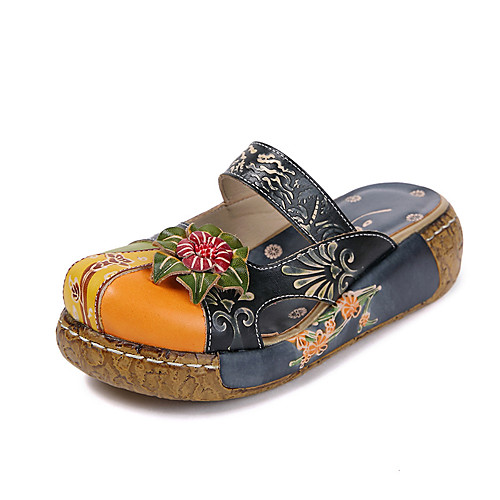 

Women's Sandals Vintage Clogs Chunky Heel Round Toe Wedge Sandals Classic Daily Leather Color Block Orchid Red Green