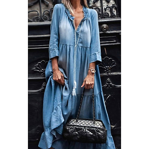 

Women's Denim Dress Maxi long Dress Black Light Blue 3/4 Length Sleeve Solid Color Pocket Patchwork Spring Summer V Neck Chic & Modern Casual 2021 S M L XL XXL