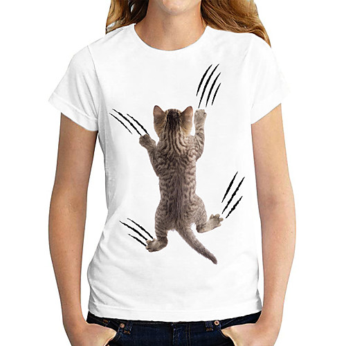 

Women's 3D Cat T shirt Cat Graphic 3D Print Round Neck Basic Tops White