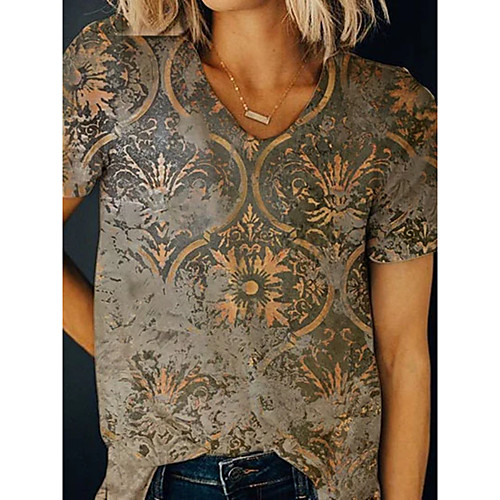 

Women's T shirt Floral V Neck Tops Boho Basic Top Gray