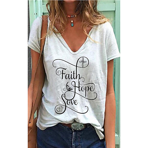 

Women's T shirt Butterfly Letter Print V Neck Tops Basic Basic Top White