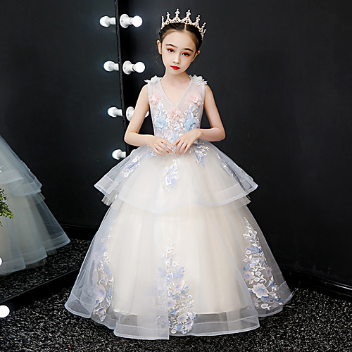 

Princess Floor Length Flower Girl Dresses Event / Party Tulle Sleeveless V Neck with Tier / Formal Evening