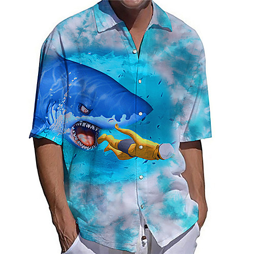 

Men's Shirt 3D Print Graphic Prints Shark Animal Button-Down Print Short Sleeve Daily Tops Casual Designer Big and Tall Blue / Summer