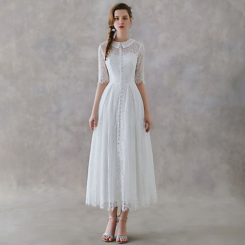 

A-Line Wedding Dresses Shirt Collar Ankle Length Lace Half Sleeve Romantic Vintage Little White Dress 1950s with Appliques 2021