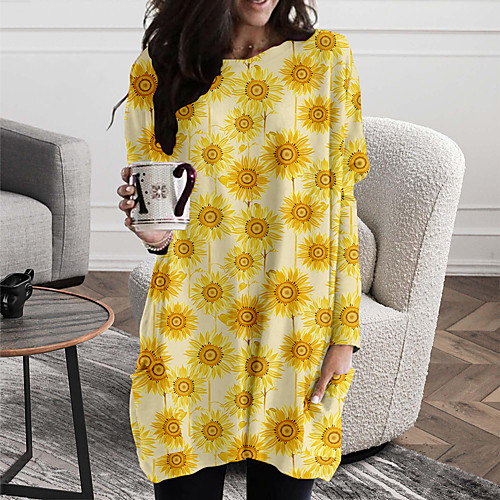 

Women's Shift Dress Short Mini Dress Orange Long Sleeve Floral Geometric Print Fall Spring Round Neck Casual Holiday 2021 S M L XL XXL 3XL