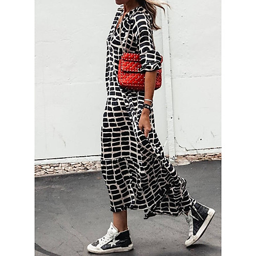 

Women's Shift Dress Maxi long Dress Black Long Sleeve Plaid Check Spring Summer V Neck Chic & Modern Casual 2021 S M L XL XXL