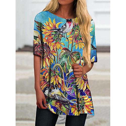

Women's T Shirt Dress Tee Dress Short Mini Dress Blue Yellow Half Sleeve Floral Color Block Print Spring Summer Round Neck Casual Holiday 2021 S M L XL XXL 3XL