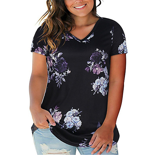 

Women's Plus Size Tops T shirt Floral Print Short Sleeve V Neck Streetwear Yellow Wine White Big Size XL XXL 3XL 4XL / Going out / Loose