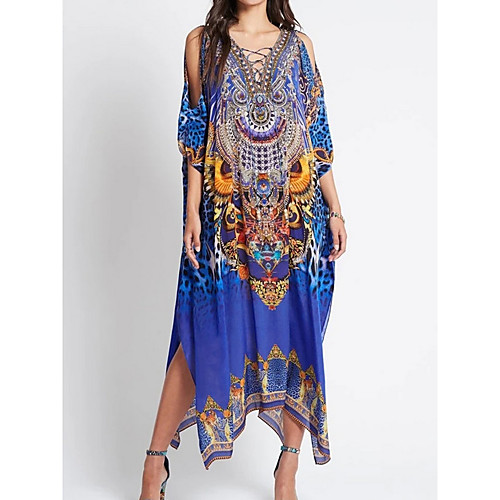 

Women's Swimsuit Cover Up Beach Top Swimsuit Lace up Slim Tribal Abstract Blue Swimwear T shirt Dress Tunic V Wire Bathing Suits New Fashion Sexy