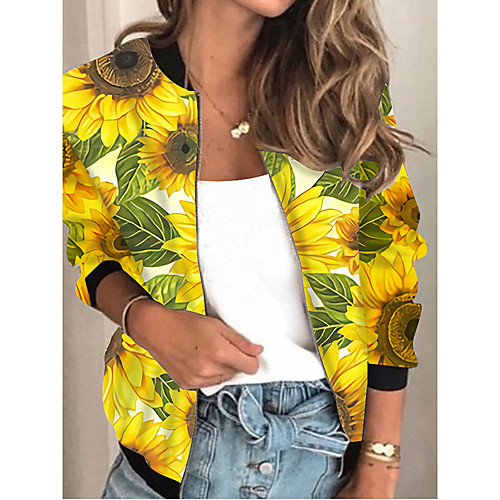 

Women's Jacket Daily Spring & Fall Regular Coat Regular Fit Active Streetwear Jacket Long Sleeve Plants Print Yellow Beige / Holiday