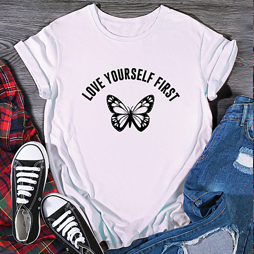 

Women's T shirt Graphic Print Round Neck Tops 100% Cotton Basic Basic Top White Black Purple