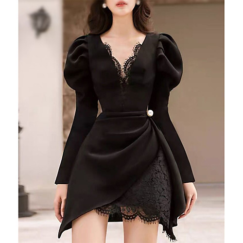 

Sheath / Column Little Black Dress Sexy Party Wear Cocktail Party Dress V Neck Long Sleeve Short / Mini Satin with Lace Insert 2021