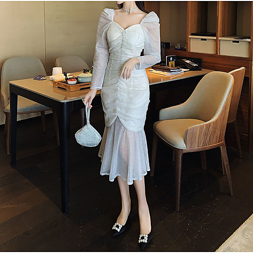 

Mermaid / Trumpet Sparkle Sexy Party Wear Formal Evening Dress Scoop Neck Long Sleeve Tea Length Sequined with Crystals Ruffles 2021