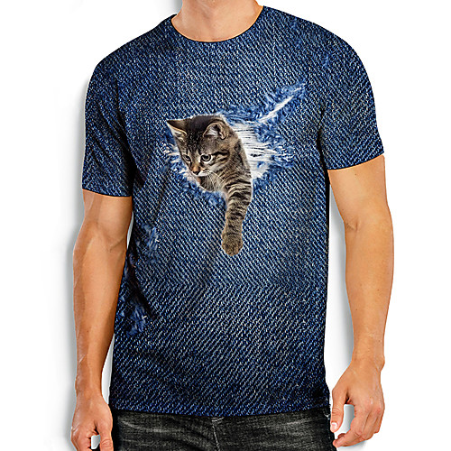 

Men's Tee T shirt Shirt 3D Print Cat Graphic Prints Animal Print Short Sleeve Daily Tops Basic Casual Blue