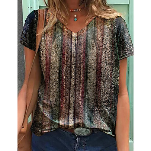 

Women's Abstract Geometric Painting T shirt Striped Graphic Print V Neck Basic Tops Brown