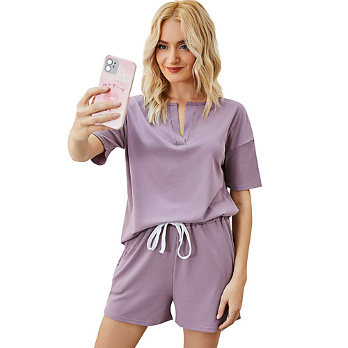 

Women's Basic Solid Color Home Two Piece Set Blouse Tracksuit Loungewear Shorts Split Tops