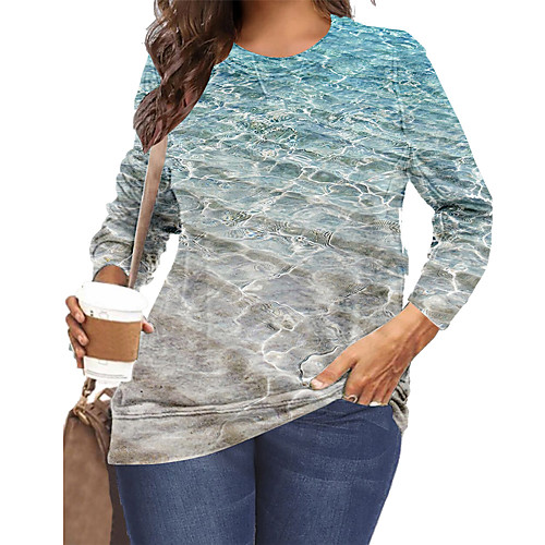 

Women's Plus Size Tops T shirt Graphic Scenery Waves Print Long Sleeve Round Neck Blue Big Size XL XXL 3XL 4XL 5XL