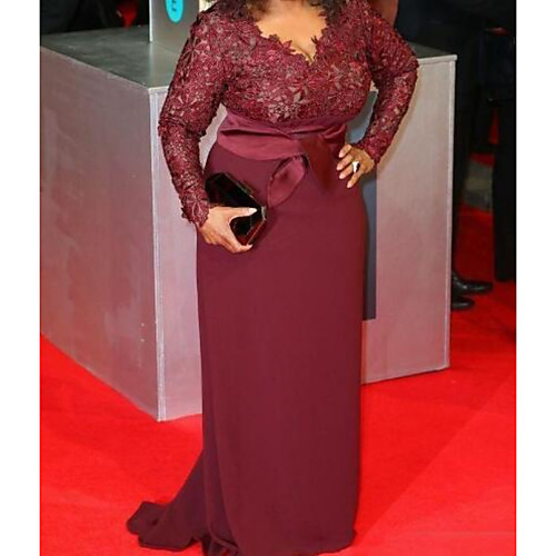 

Sheath / Column Celebrity Style Plus Size Engagement Formal Evening Dress V Neck Long Sleeve Sweep / Brush Train Chiffon with Sash / Ribbon Appliques 2021