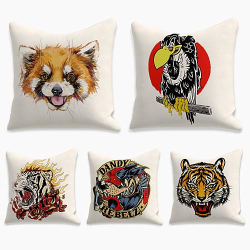 

5 pcs Faux Linen Pillow Cover, Animal Square Zipper Polyester Traditional Classic