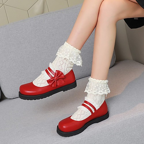 

Women's Lolita Shoes Flat Heel Round Toe PU Synthetics White Black Red