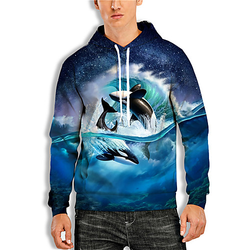 

Men's Pullover Hoodie Sweatshirt Graphic Prints Animal Print Hooded Daily Holiday 3D Print Basic Casual Hoodies Sweatshirts Long Sleeve Blue