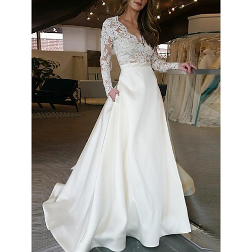 

A-Line Wedding Dresses V Neck Sweep / Brush Train Lace Satin Long Sleeve Country Formal Romantic with Appliques 2021