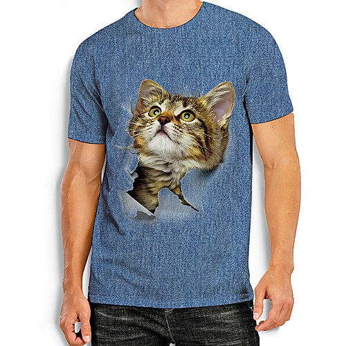 

Men's Tees T shirt Other Prints Cat Graphic Prints Animal Print Short Sleeve Daily Tops Basic Casual Blue